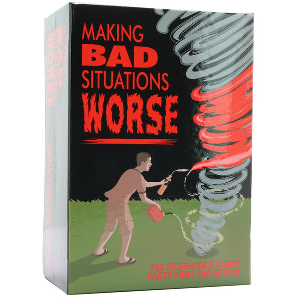 Making Bad Situations Worse game box front, bold red title, tornado illustration, adult party game