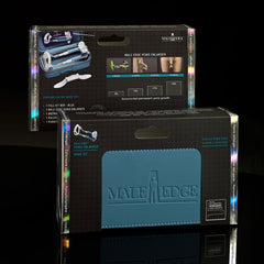 Male Edge Basic penis enlarger retail box front and back showing kit contents and sizing info