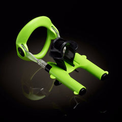 Close-up of Male Edge lime-green head support cradle and adjustable tension mechanism