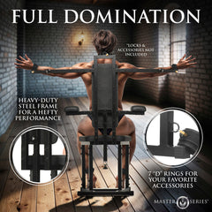 Male model seated on Enforcer Chair from behind, showing 7 D-rings and heavy-duty steel frame detail