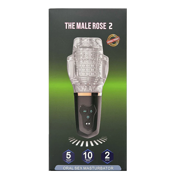The Male Rose 2 retail packaging displaying 5 suction modes, 10 vibration modes, 2 motors