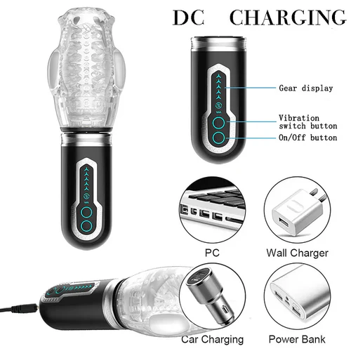 Male Rose 3 charging diagram showing DC cable, gear display, vibration switch, and on/off button