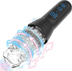Male Rose Pro masturbator diagram showing rotation and vibration airflow patterns around sleeve