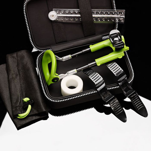 MaleEdge Extra penis enlarger kit open in black zip case with all accessories visible