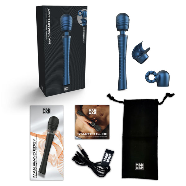 MAN.WAND EDGY complete set with box, attachments, starter guide, charging cable, and storage pouch