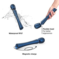 MAN.WAND EDGY demonstrating IPX7 waterproofing, flexible head, and magnetic charging cable