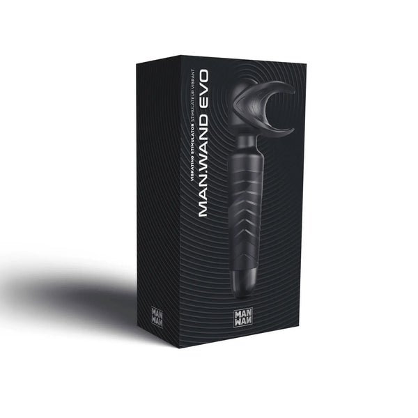 Man.Wand Evo vibrating stimulator in matte black shown on dark textured product box