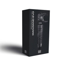 Man.Wand Evo vibrating stimulator in matte black shown on dark textured product box