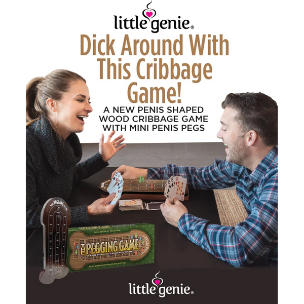 Man and woman laughing while playing cards with The Pegging Game cribbage board on table