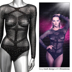 Mannequin and model side-by-side showing black stretchy rhinestone mesh long sleeve bodysuit