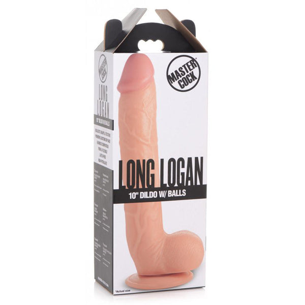 Master Cock Long Logan 10-inch dildo with balls in light skin tone, shown in retail box packaging
