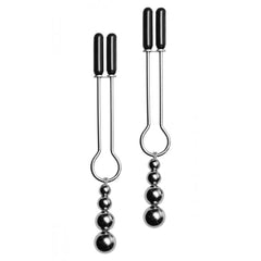Master Series Adorn Triple Bead Nipple Clamps with rubber-tipped tweezer ends and silver beaded weights