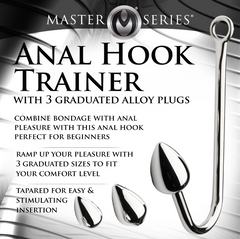 Master Series Anal Hook Trainer packaging back panel listing features and three graduated alloy plugs