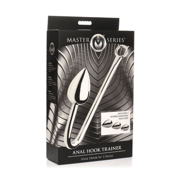 Master Series Anal Hook Trainer retail box front showing product name and three interchangeable plug sizes