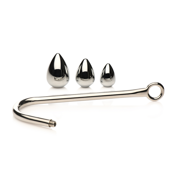Master Series Anal Hook Trainer with three graduated stainless steel plug attachments displayed together
