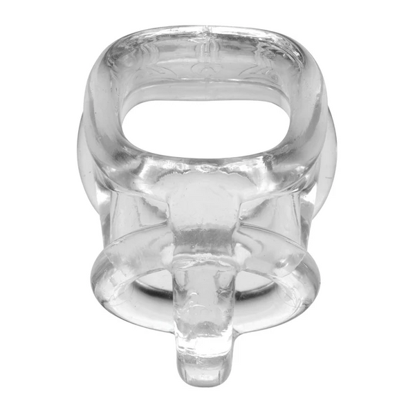 Master Series Annex clear stretchy cock and ball ring shown from front, dual-loop TPR design