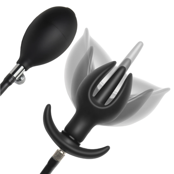 Master Series Ass Bound inflatable silicone anal plug shown deflated and fully expanded with pump bulb