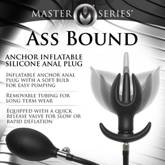 Master Series Ass Bound product feature infographic highlighting inflatable design and quick-release valve