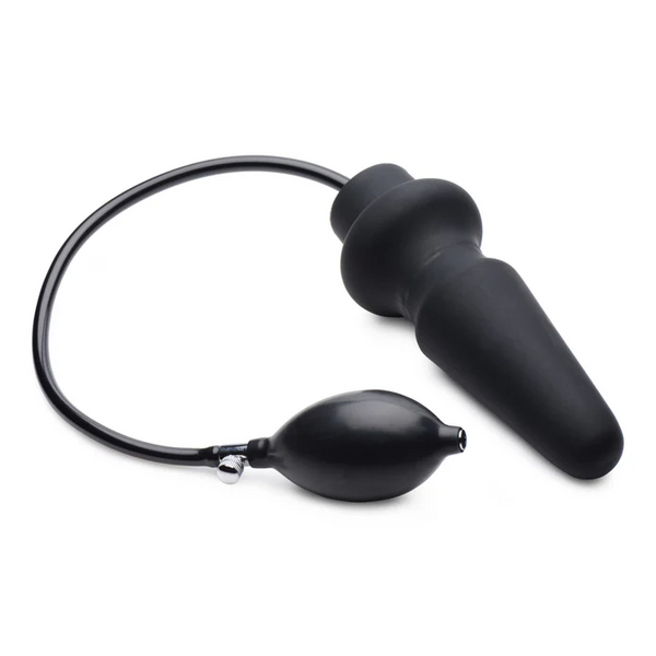 Master Series Ass-Pand inflatable silicone anal plug with hand pump bulb and tubing, black