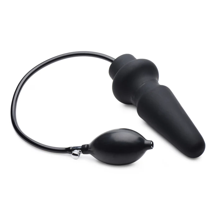 Master Series Ass-Pand inflatable silicone anal plug with hand pump bulb and tubing, black