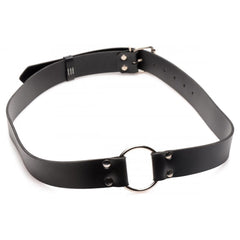 Master Series black faux-leather body strap harness with silver O-ring closure, flat lay