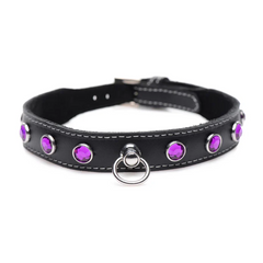 Master Series black leather choker laid flat showing purple gem studs and buckle closure