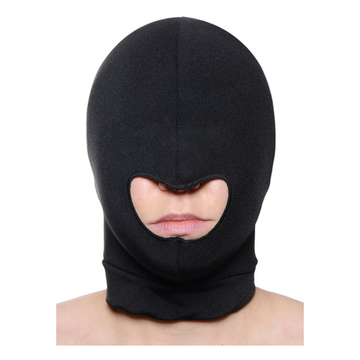 Master Series Blow Hole Hood in black spandex, front view showing mouth opening