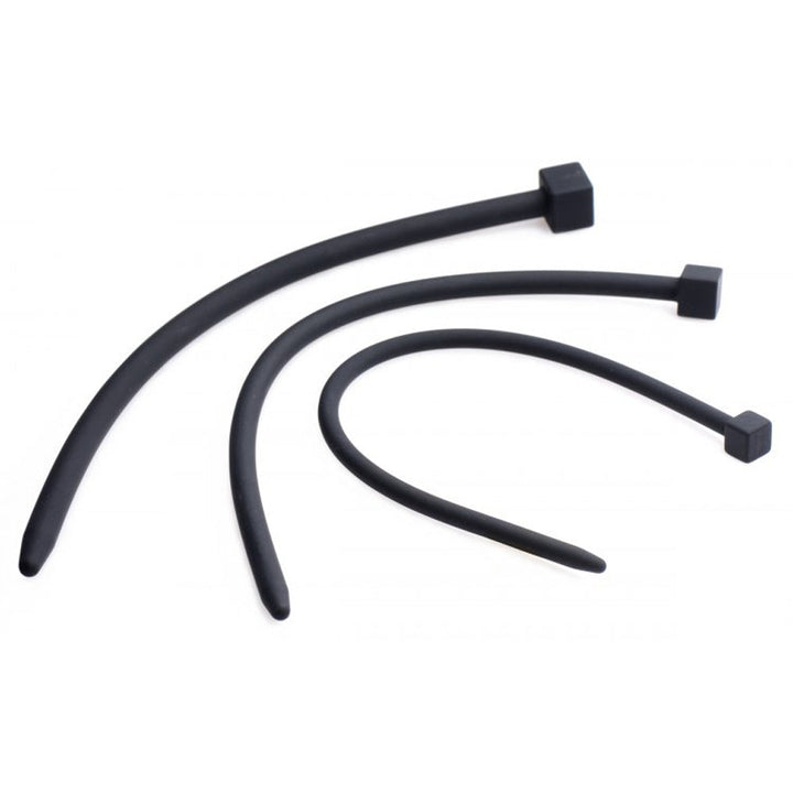 Master Series Bolted silicone urethral sounds set of three, black, curved tips shown