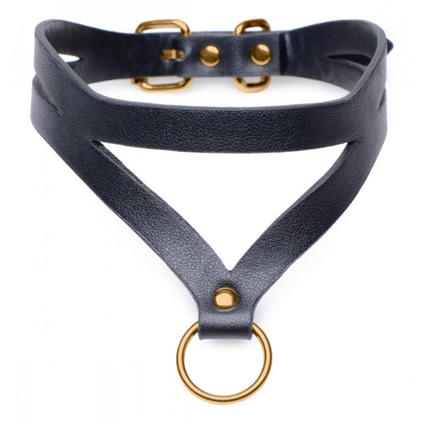 Master Series Bondage Baddie black faux-leather collar with gold O-ring and V-strap detail