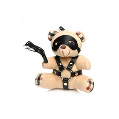 Master Series bondage teddy bear keychain seated, displaying mini flogger and black eye mask