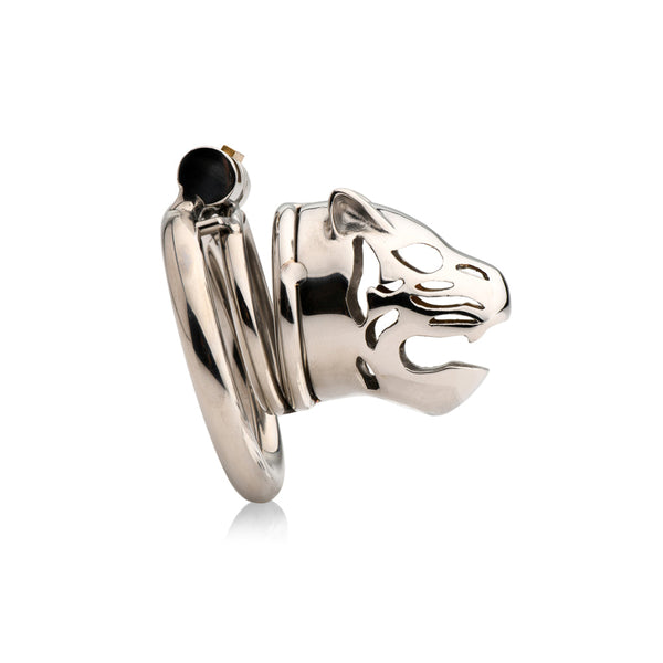 Master Series Caged Cougar chastity cage, polished stainless steel cougar head front view