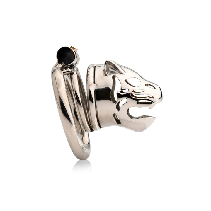 Master Series Caged Cougar chastity cage, polished stainless steel cougar head front view