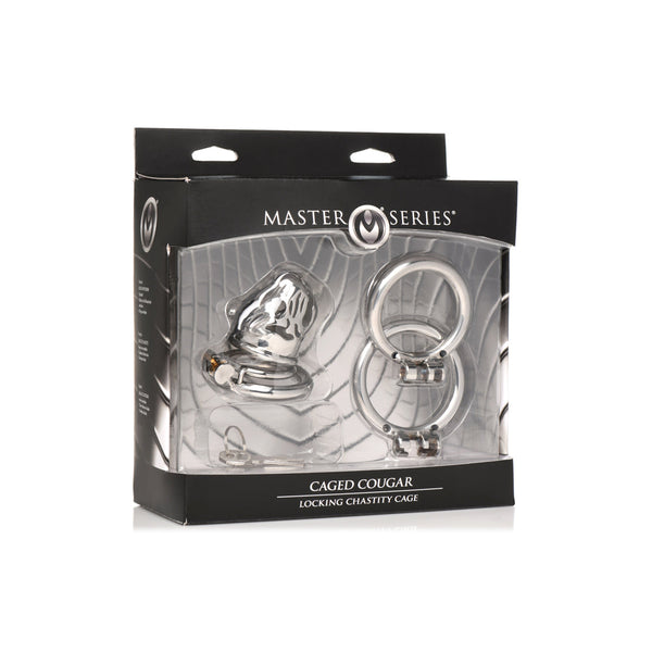 Master Series Caged Cougar Locking Chastity Cage in retail packaging with rings and cage visible