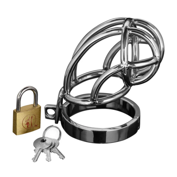 Master Series Captus Chastity Cage in polished stainless steel with brass padlock and keys