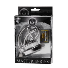 Master Series Captus Locking Chastity Cage retail packaging showing stainless steel construction