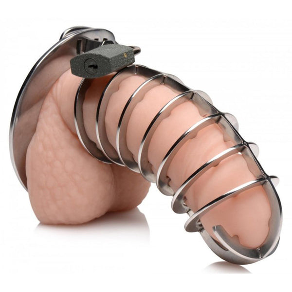 Master Series chastity cage fitted on model showing secure padlock closure at base