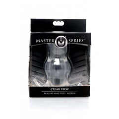 Master Series Clear View Hollow Anal Plug Medium displayed in black retail packaging, medium size