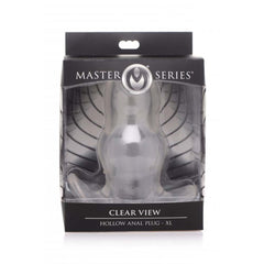 Master Series Clear View Hollow Anal Plug XL in black retail packaging, size labeled on front