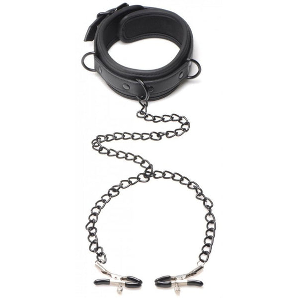 Master Series Collared Temptress black faux-leather collar with chain and nipple clamps, flat lay
