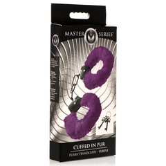 Master Series Cuffed in Fur purple handcuffs in retail box showing product name and included keys