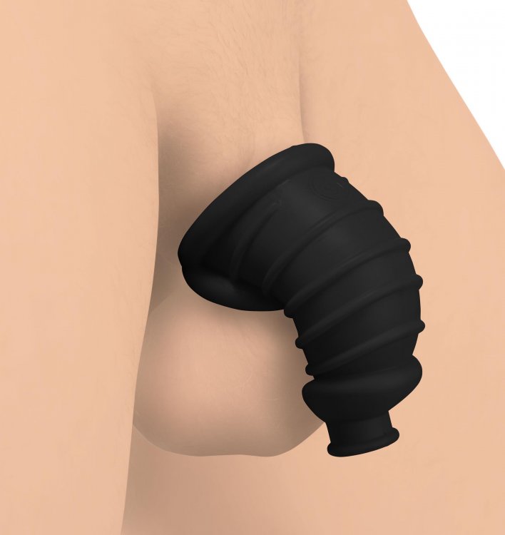Master Series Dark Chamber black silicone chastity cage shown fitted on male body form