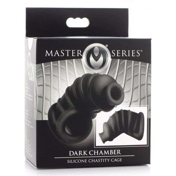 Master Series Dark Chamber Silicone Chastity Cage in retail packaging with product inset