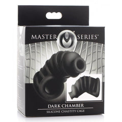Master Series Dark Chamber Silicone Chastity Cage in retail packaging with product inset