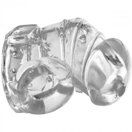 Master Series Detained 2.0 clear restrictive chastity cage with nubs, front view