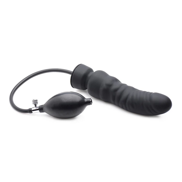 Master Series Dick-Spand inflatable silicone dildo with black squeeze bulb pump attached