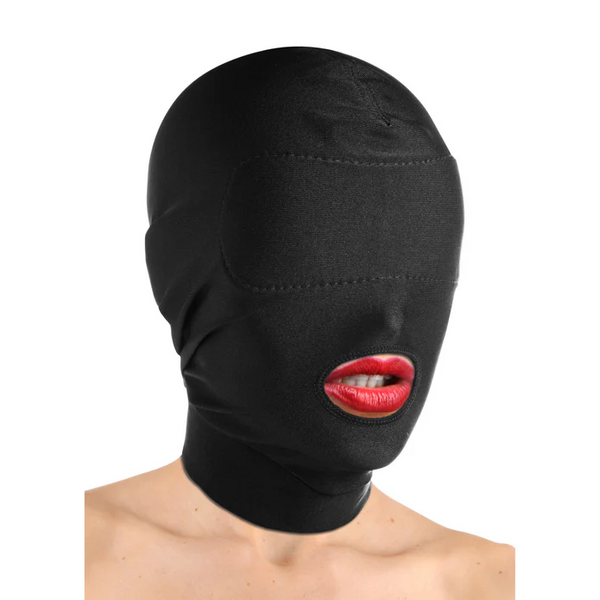 Master Series Disguise Open Mouth Hood in black stretch fabric, mouth opening visible, worn on model