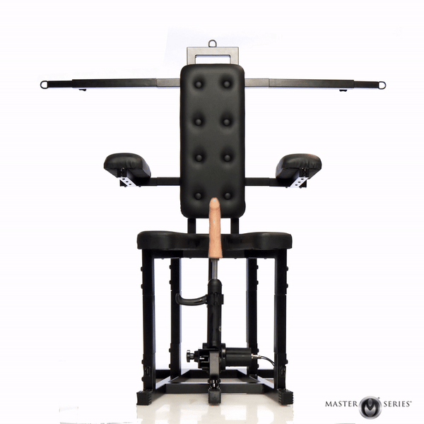 Master Series Enforcer Bondage Chair with Sex Machine, front view, black faux-leather upholstery