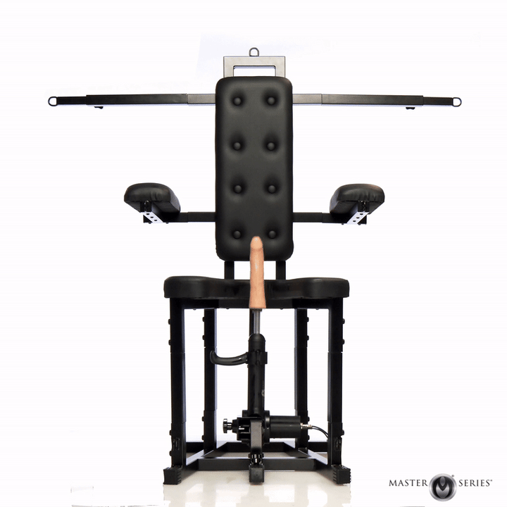 Master Series Enforcer Bondage Chair with Sex Machine, front view, black faux-leather upholstery