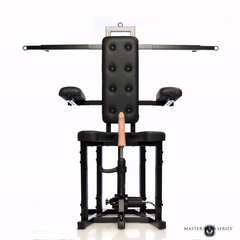Master Series Enforcer Bondage Chair with Sex Machine, front view, black faux-leather upholstery