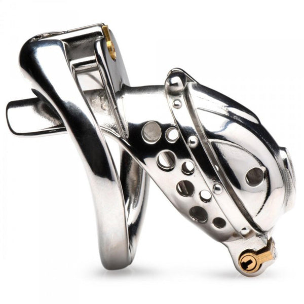 Master Series Entrapment stainless steel chastity cage with curved base ring and gold-tone lock